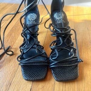 Vince Camuto Black Lace-Up Square-Toe Heels